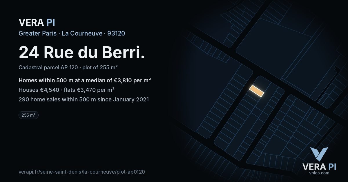 24 Rue du Berri, La Courneuve at night – the plot lit, the parcels around coloured by the prices near them