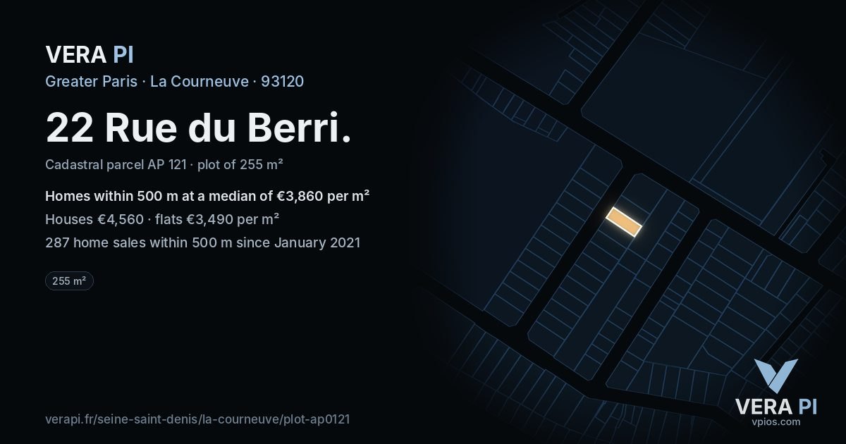 22 Rue du Berri, La Courneuve at night – the plot lit, the parcels around coloured by the prices near them