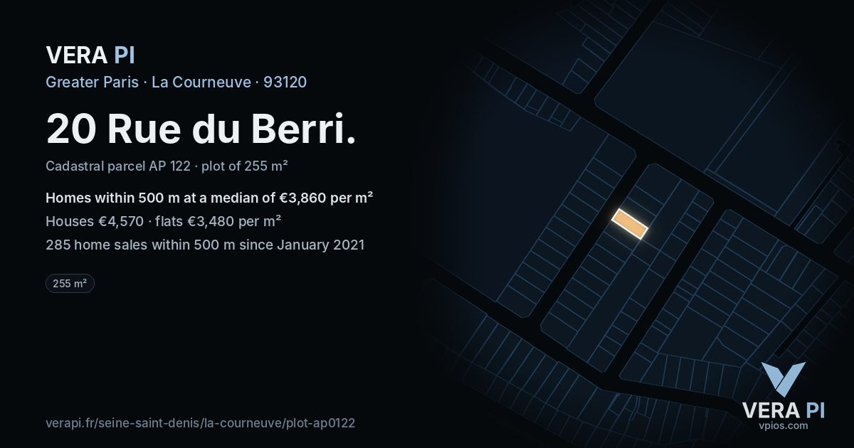 20 Rue du Berri, La Courneuve at night – the plot lit, the parcels around coloured by the prices near them
