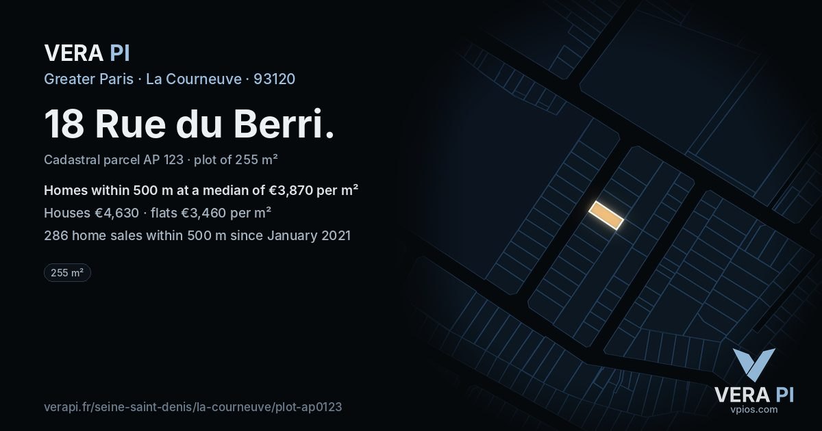 18 Rue du Berri, La Courneuve at night – the plot lit, the parcels around coloured by the prices near them