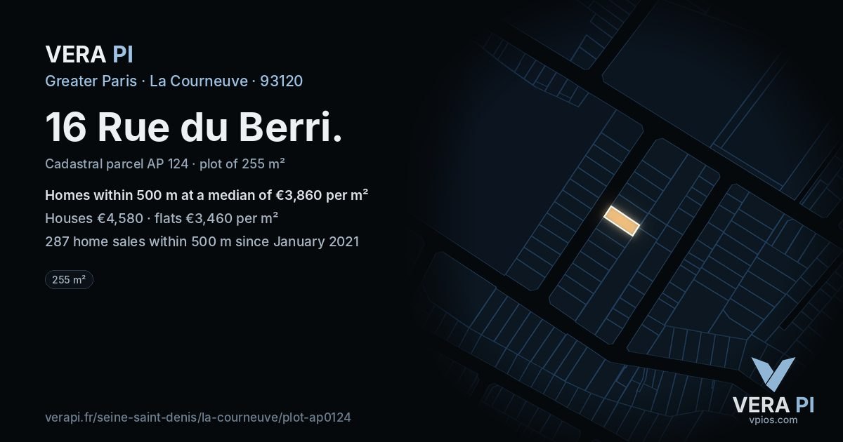 16 Rue du Berri, La Courneuve at night – the plot lit, the parcels around coloured by the prices near them