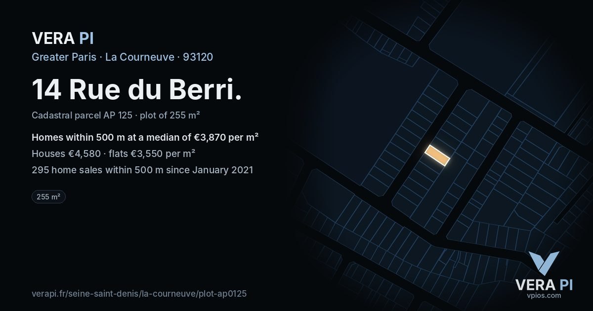 14 Rue du Berri, La Courneuve at night – the plot lit, the parcels around coloured by the prices near them