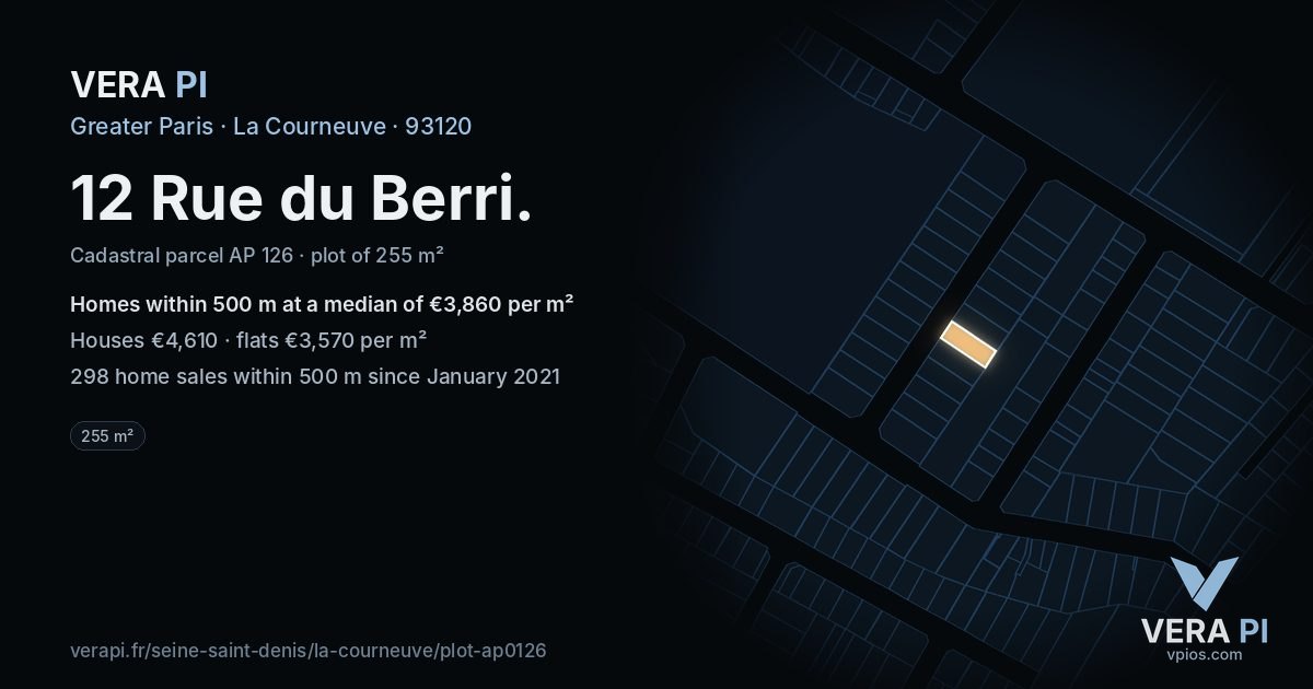 12 Rue du Berri, La Courneuve at night – the plot lit, the parcels around coloured by the prices near them