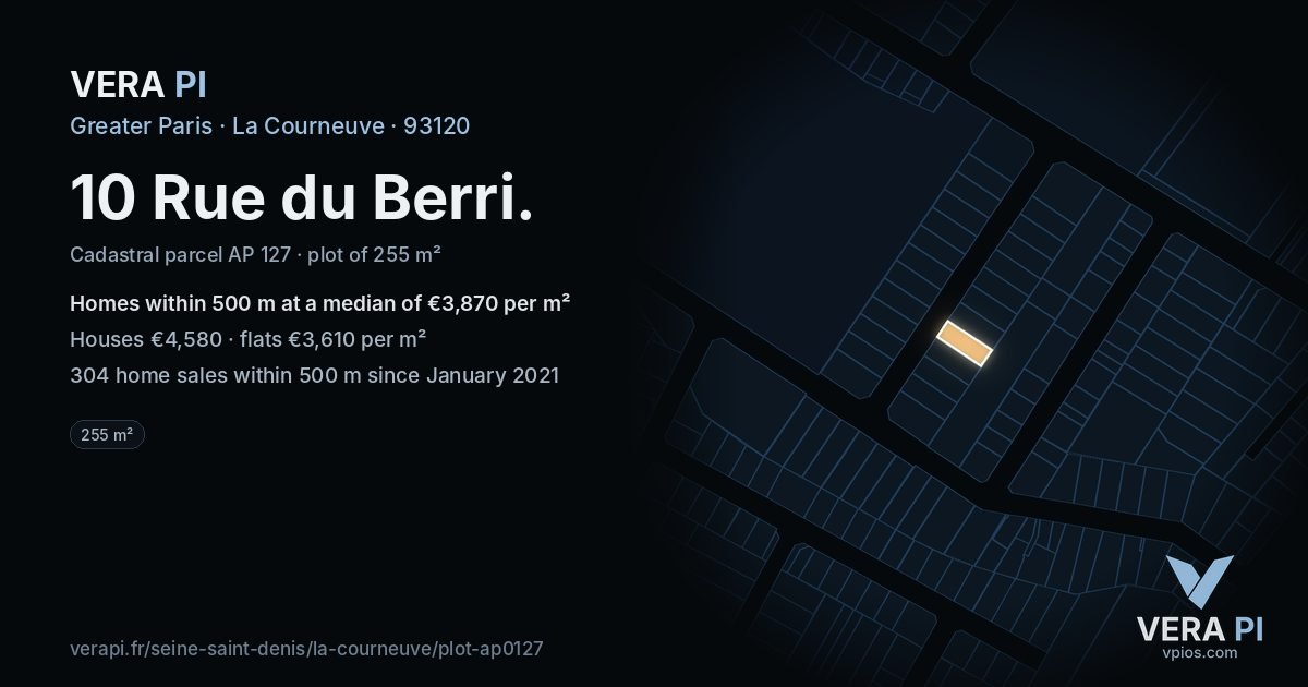 10 Rue du Berri, La Courneuve at night – the plot lit, the parcels around coloured by the prices near them