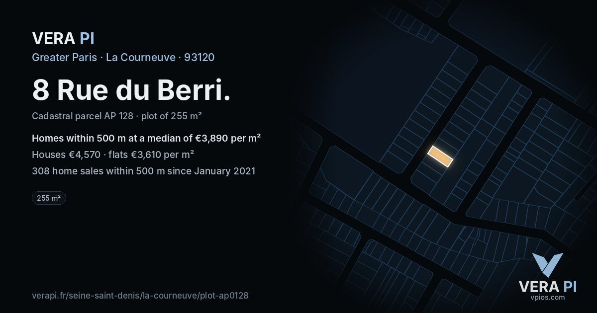 8 Rue du Berri, La Courneuve at night – the plot lit, the parcels around coloured by the prices near them