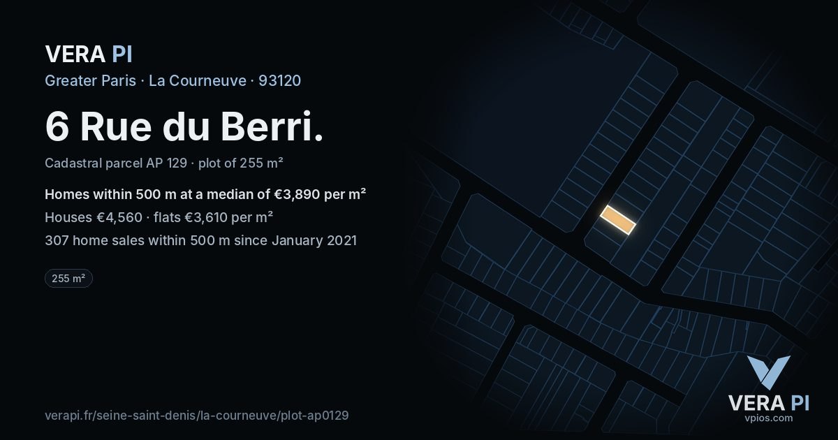 6 Rue du Berri, La Courneuve at night – the plot lit, the parcels around coloured by the prices near them
