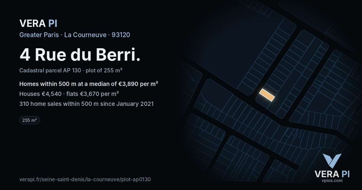 4 Rue du Berri, La Courneuve at night – the plot lit, the parcels around coloured by the prices near them