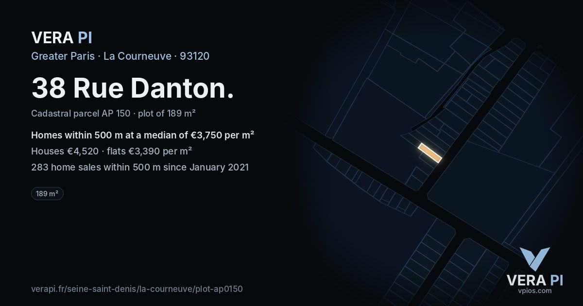 38 Rue Danton, La Courneuve at night – the plot lit, the parcels around coloured by the prices near them