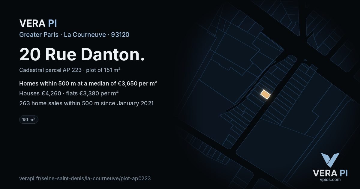 20 Rue Danton, La Courneuve at night – the plot lit, the parcels around coloured by the prices near them