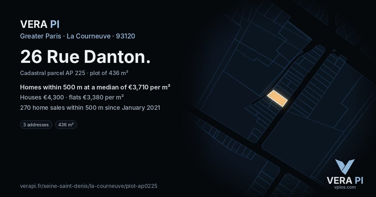 26 Rue Danton, La Courneuve at night – the plot lit, the parcels around coloured by the prices near them