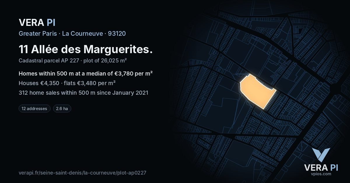 11 Allée des Marguerites, La Courneuve at night – the plot lit, the parcels around coloured by the prices near them