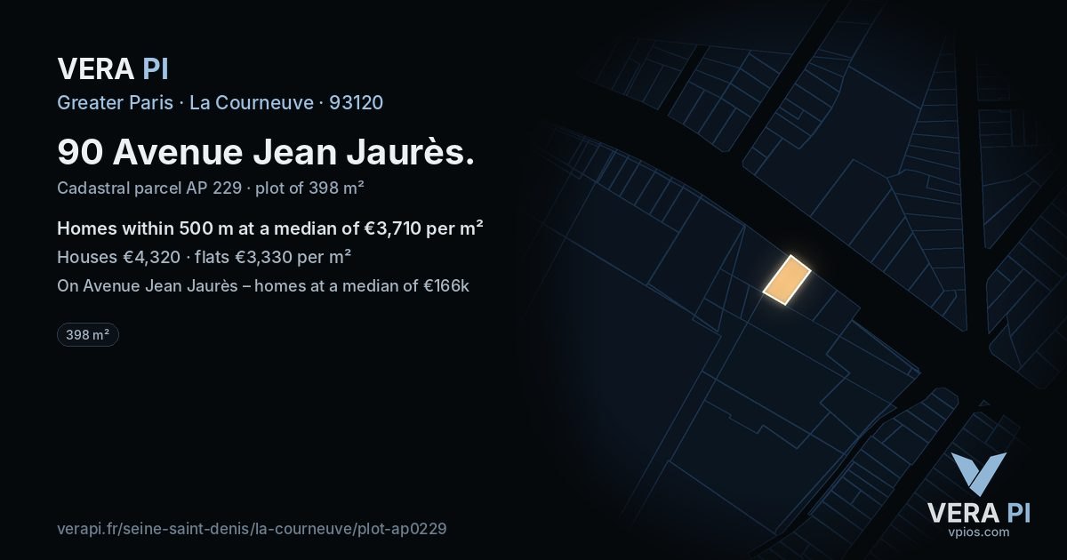 90 Avenue Jean Jaurès, La Courneuve at night – the plot lit, the parcels around coloured by the prices near them
