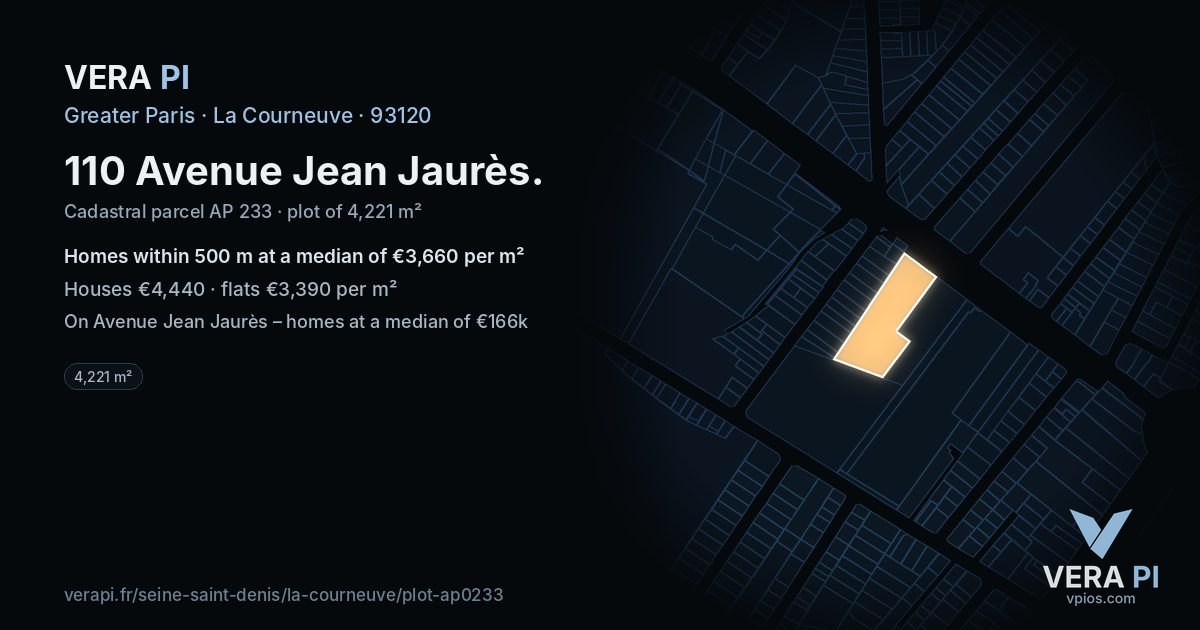110 Avenue Jean Jaurès, La Courneuve at night – the plot lit, the parcels around coloured by the prices near them