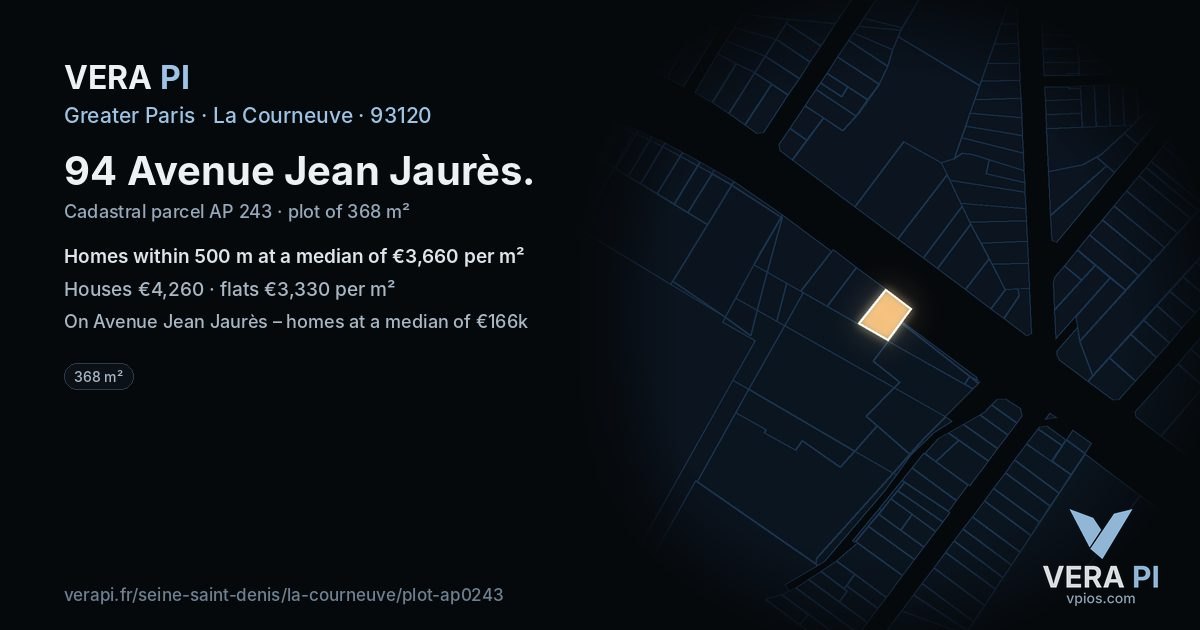 94 Avenue Jean Jaurès, La Courneuve at night – the plot lit, the parcels around coloured by the prices near them