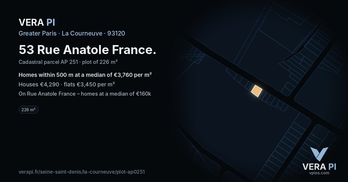 53 Rue Anatole France, La Courneuve at night – the plot lit, the parcels around coloured by the prices near them