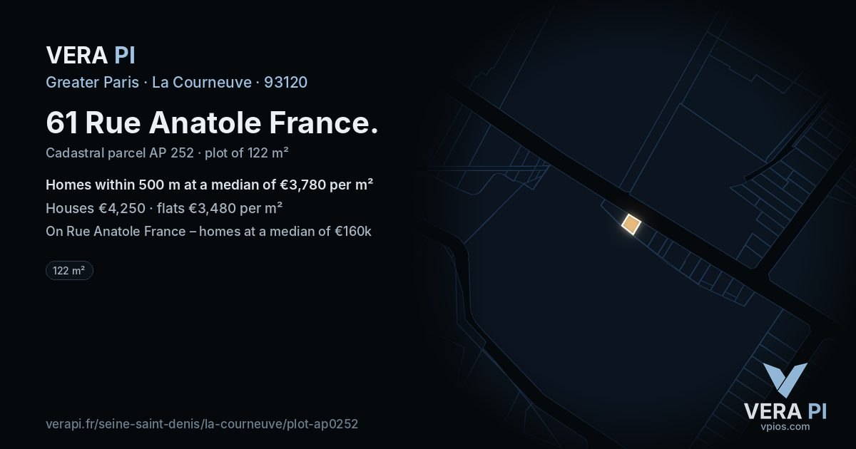 61 Rue Anatole France, La Courneuve at night – the plot lit, the parcels around coloured by the prices near them