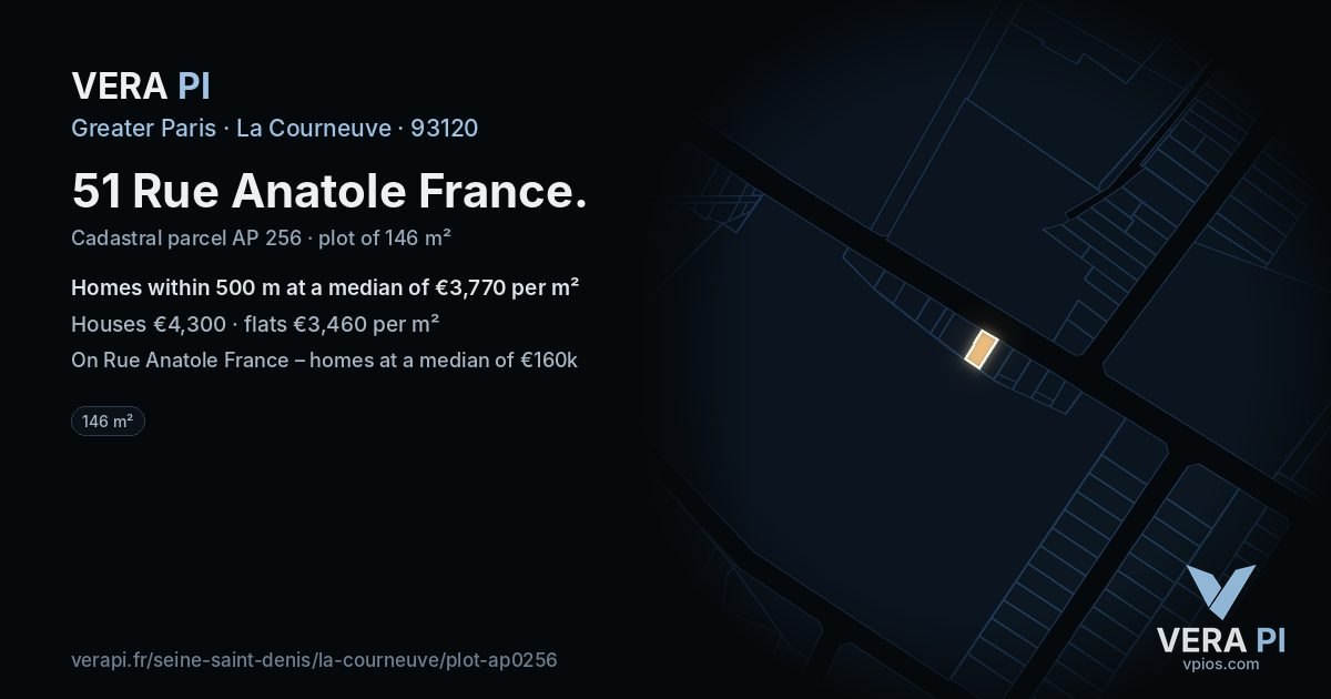 51 Rue Anatole France, La Courneuve at night – the plot lit, the parcels around coloured by the prices near them