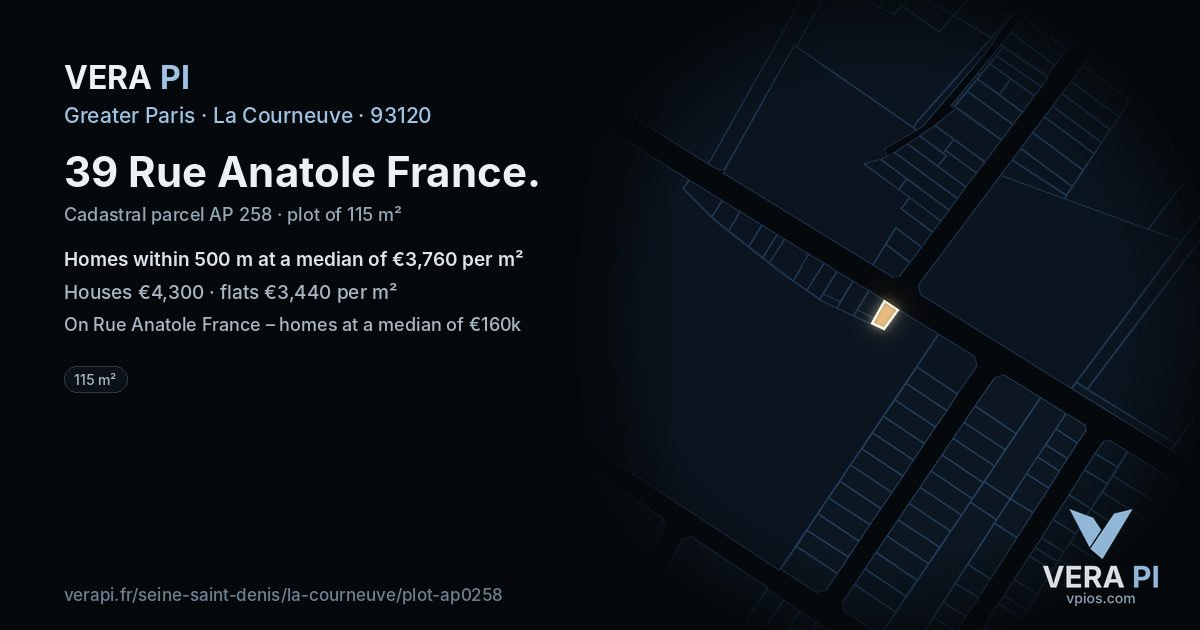 39 Rue Anatole France, La Courneuve at night – the plot lit, the parcels around coloured by the prices near them