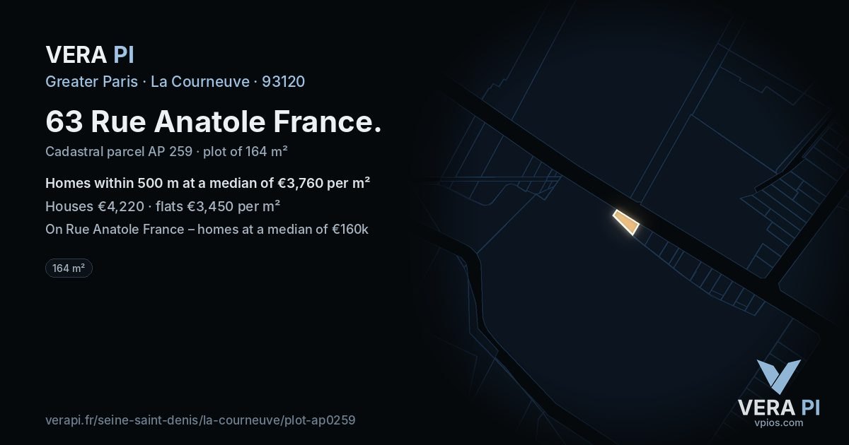 63 Rue Anatole France, La Courneuve at night – the plot lit, the parcels around coloured by the prices near them