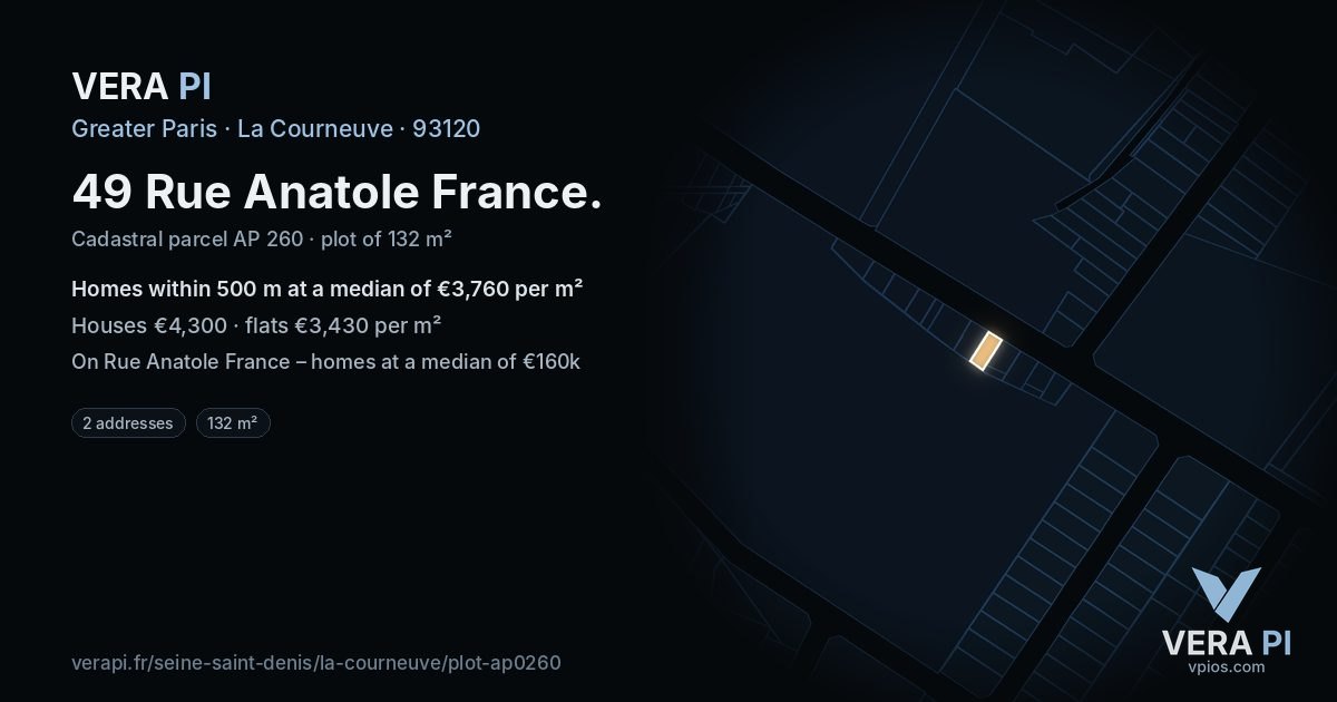 49 Rue Anatole France, La Courneuve at night – the plot lit, the parcels around coloured by the prices near them