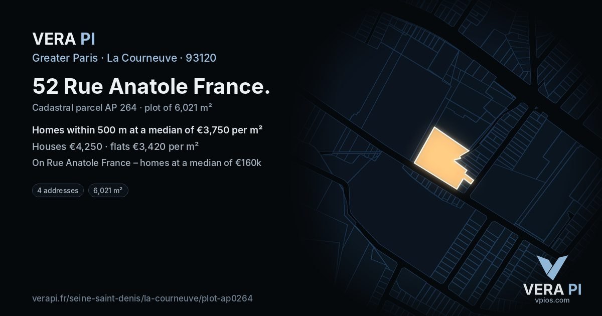 52 Rue Anatole France, La Courneuve at night – the plot lit, the parcels around coloured by the prices near them
