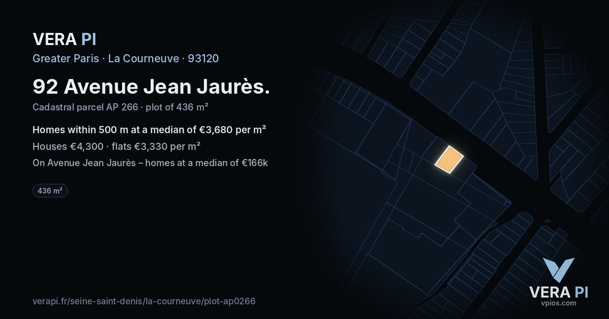 92 Avenue Jean Jaurès, La Courneuve at night – the plot lit, the parcels around coloured by the prices near them