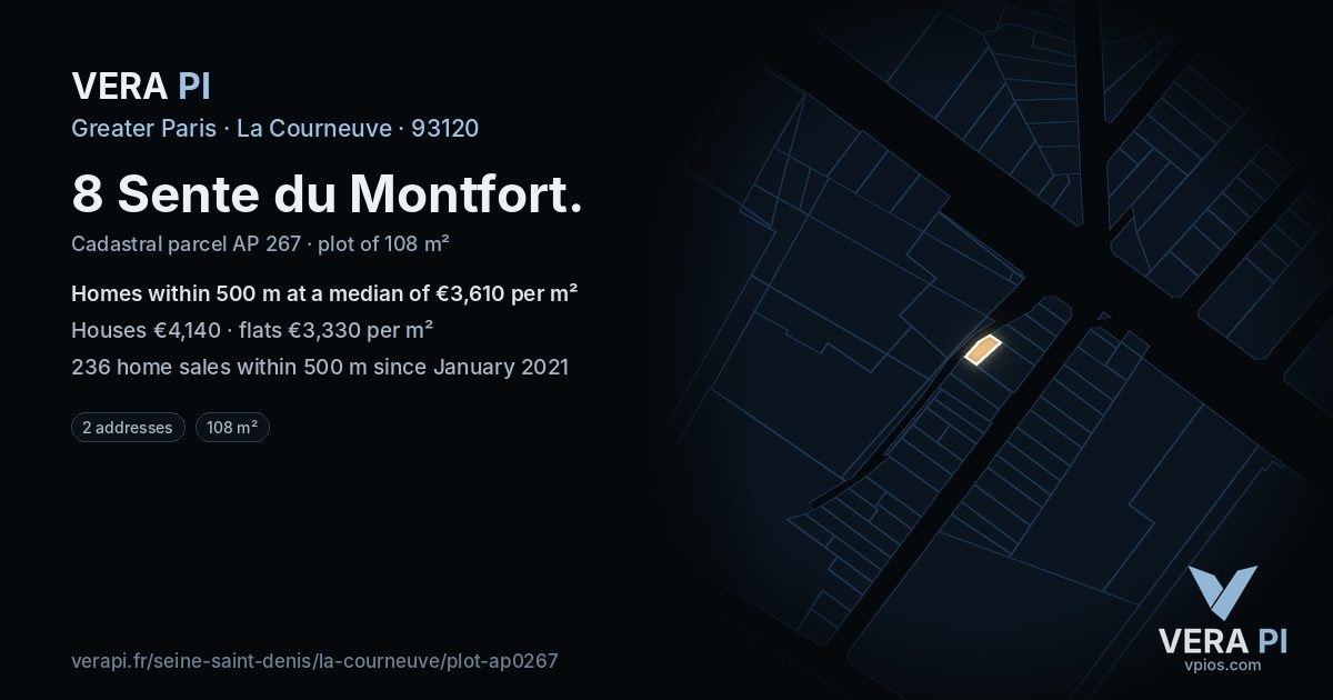 8 Sente du Montfort, La Courneuve at night – the plot lit, the parcels around coloured by the prices near them
