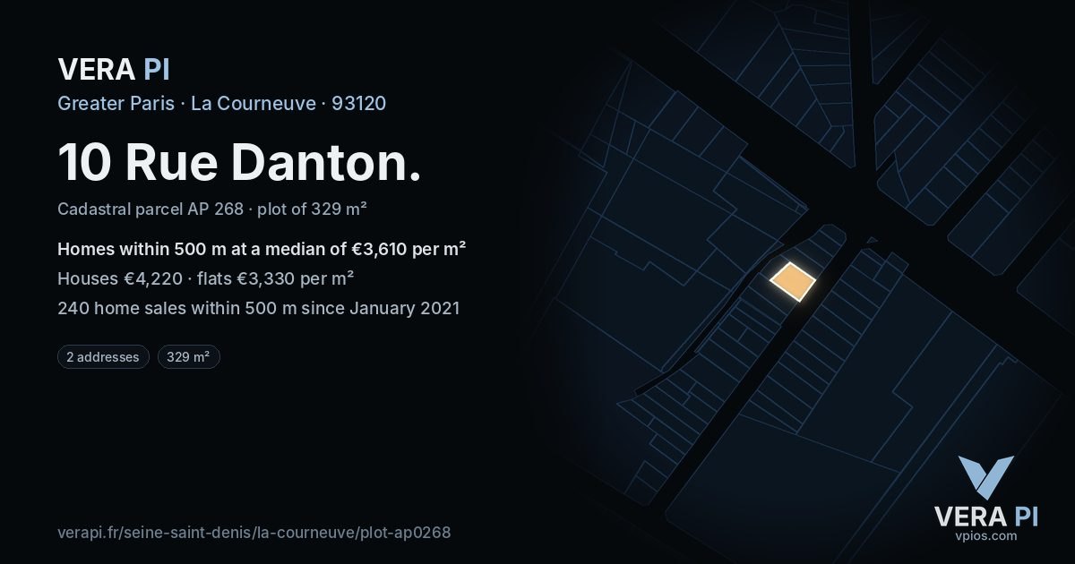 10 Rue Danton, La Courneuve at night – the plot lit, the parcels around coloured by the prices near them