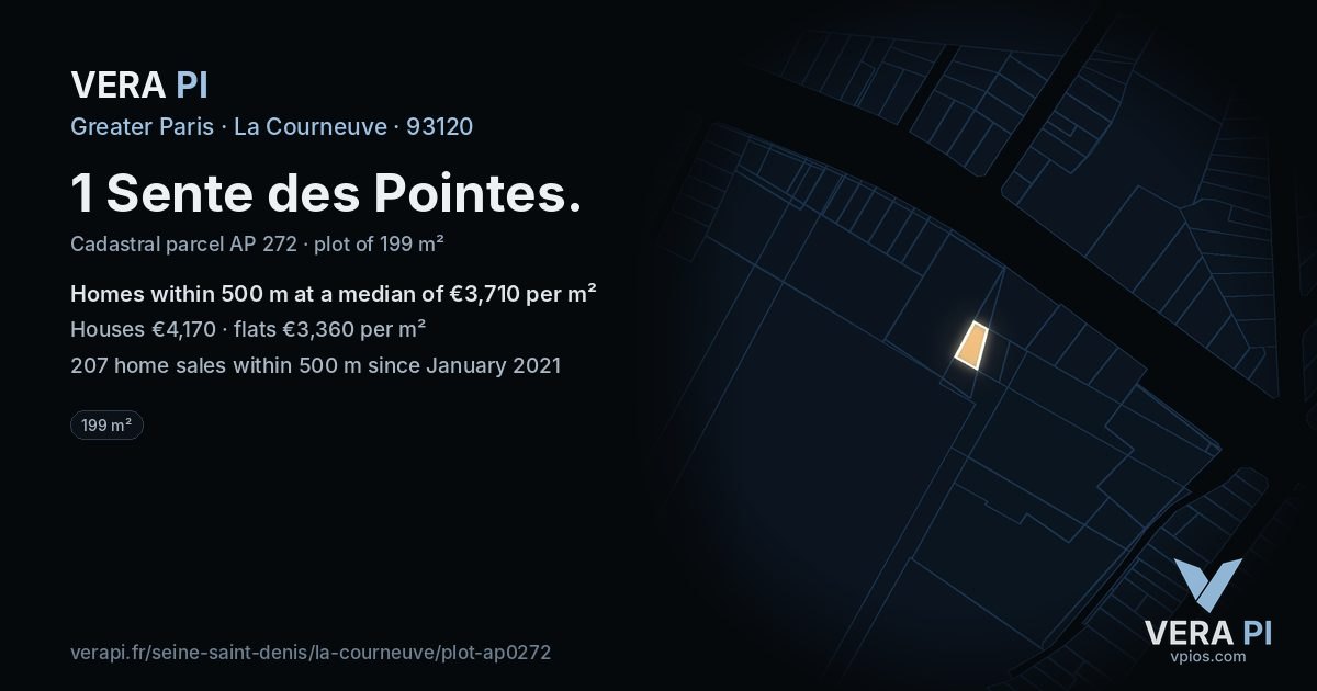 1 Sente des Pointes, La Courneuve at night – the plot lit, the parcels around coloured by the prices near them