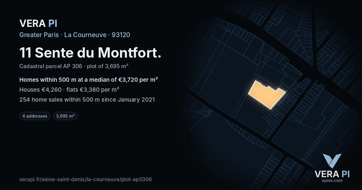 11 Sente du Montfort, La Courneuve at night – the plot lit, the parcels around coloured by the prices near them