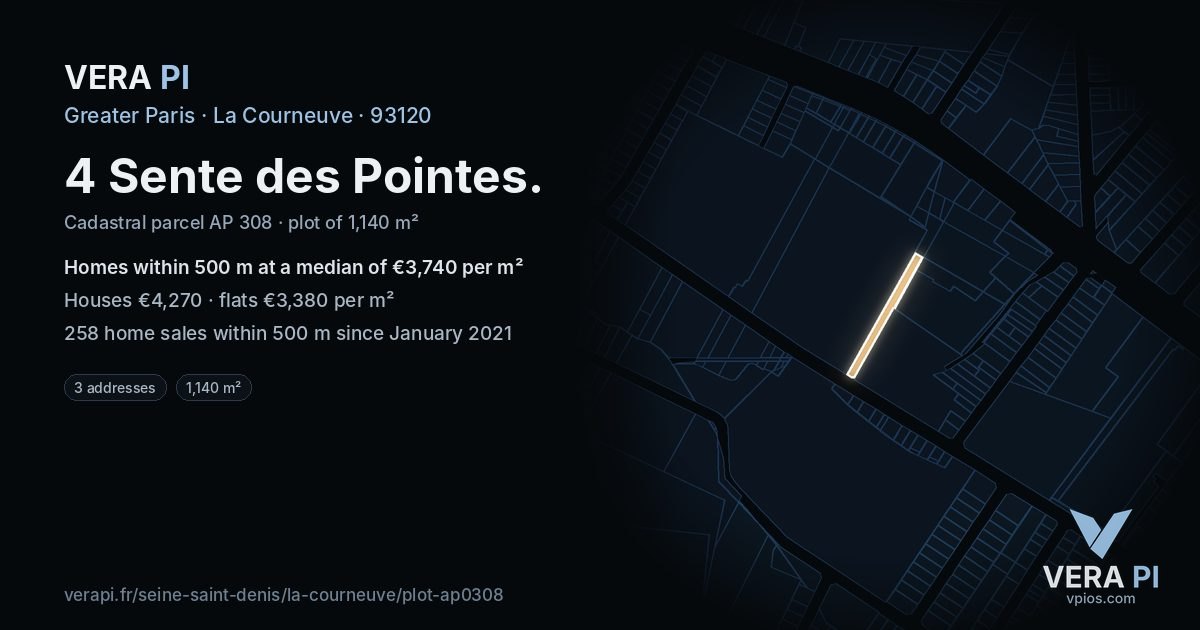 4 Sente des Pointes, La Courneuve at night – the plot lit, the parcels around coloured by the prices near them