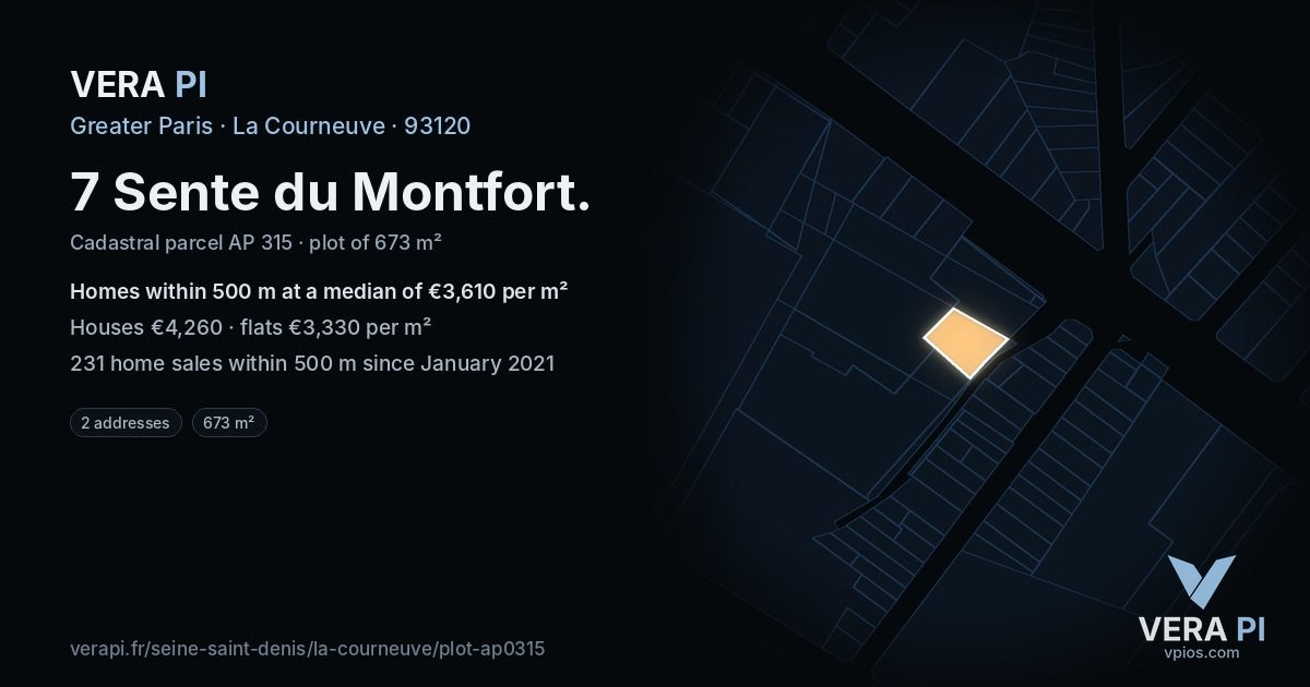 7 Sente du Montfort, La Courneuve at night – the plot lit, the parcels around coloured by the prices near them