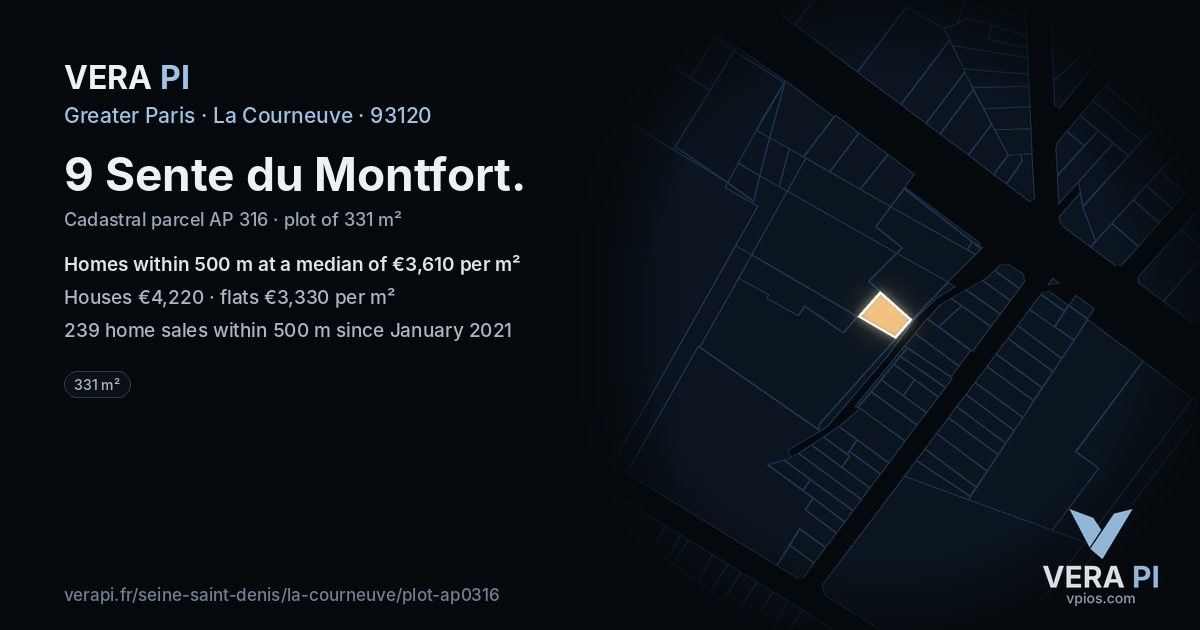 9 Sente du Montfort, La Courneuve at night – the plot lit, the parcels around coloured by the prices near them