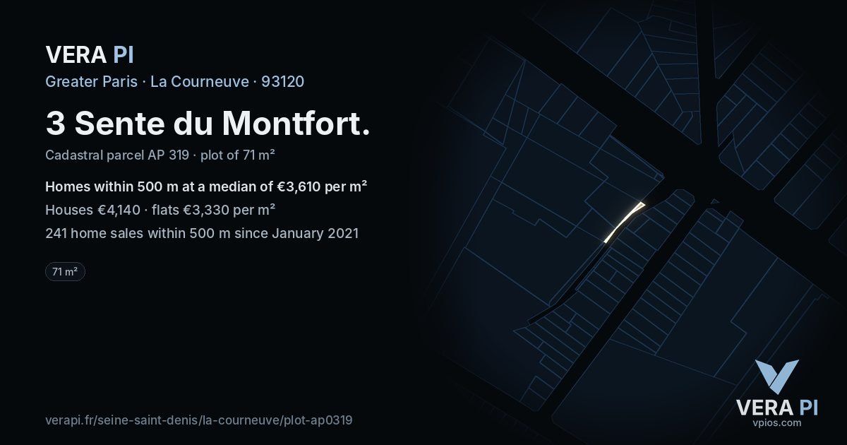 3 Sente du Montfort, La Courneuve at night – the plot lit, the parcels around coloured by the prices near them