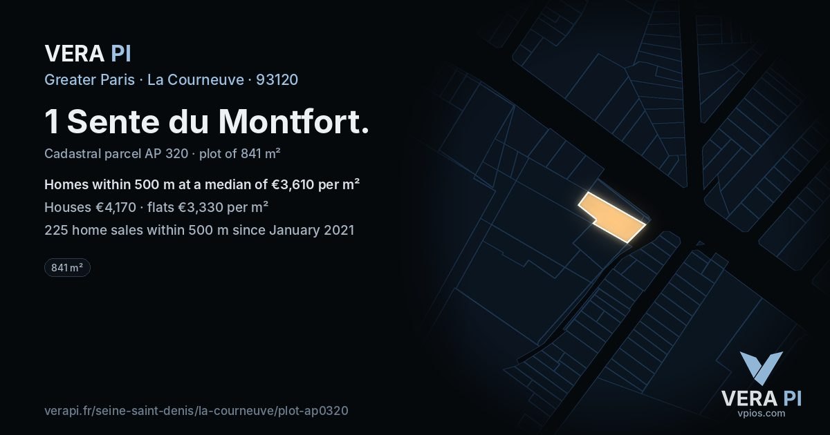 1 Sente du Montfort, La Courneuve at night – the plot lit, the parcels around coloured by the prices near them