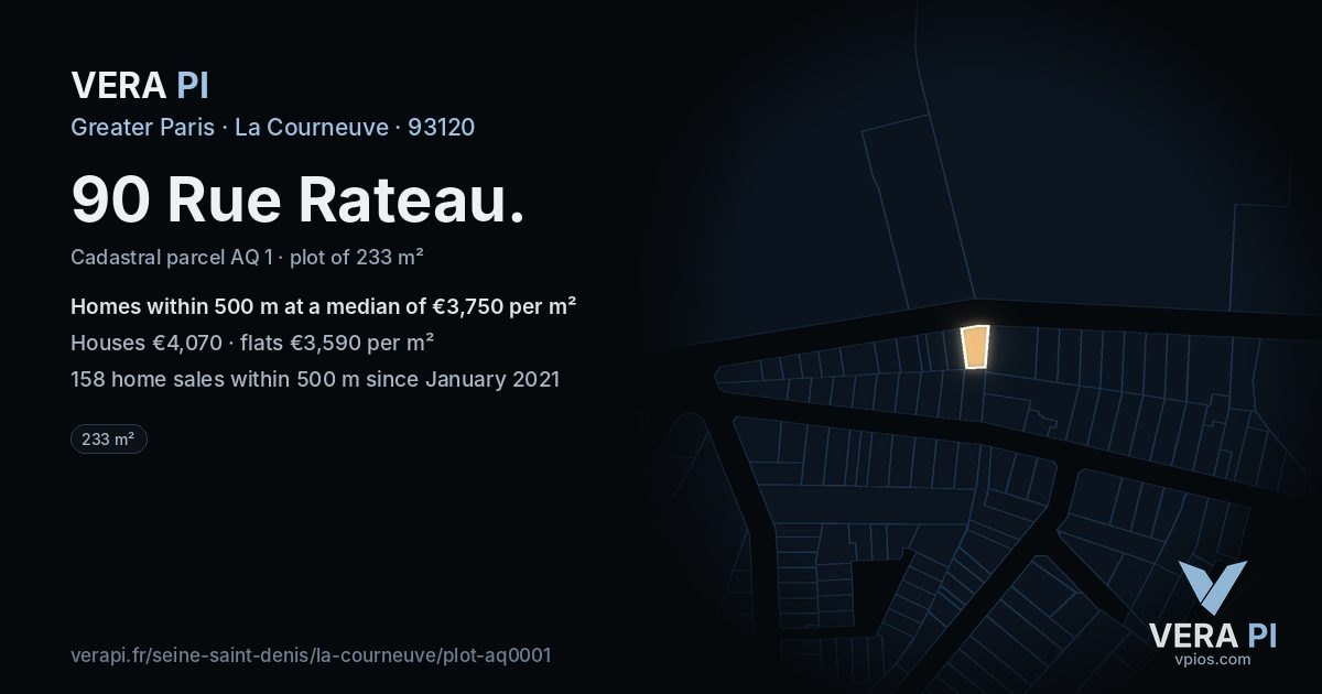 90 Rue Rateau, La Courneuve at night – the plot lit, the parcels around coloured by the prices near them