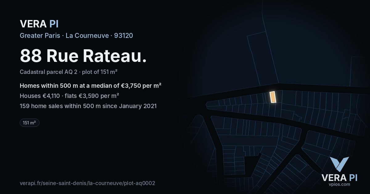 88 Rue Rateau, La Courneuve at night – the plot lit, the parcels around coloured by the prices near them