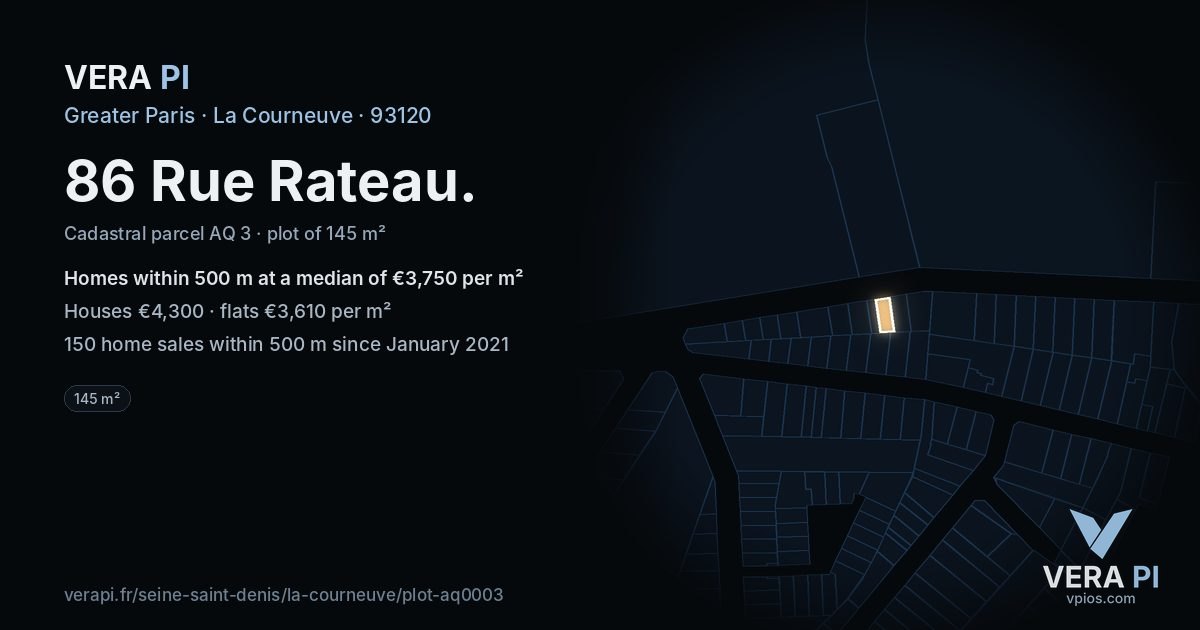 86 Rue Rateau, La Courneuve at night – the plot lit, the parcels around coloured by the prices near them