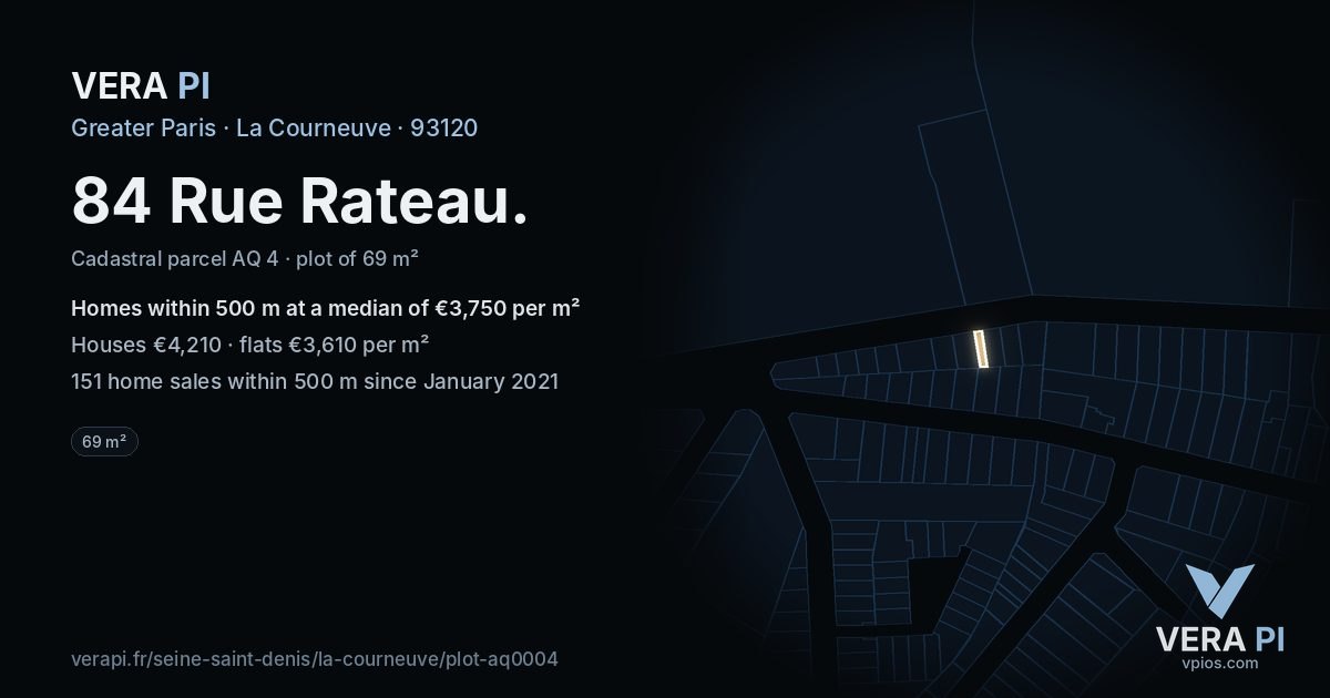 84 Rue Rateau, La Courneuve at night – the plot lit, the parcels around coloured by the prices near them