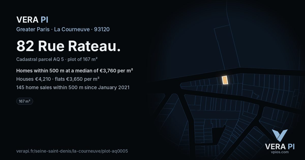 82 Rue Rateau, La Courneuve at night – the plot lit, the parcels around coloured by the prices near them