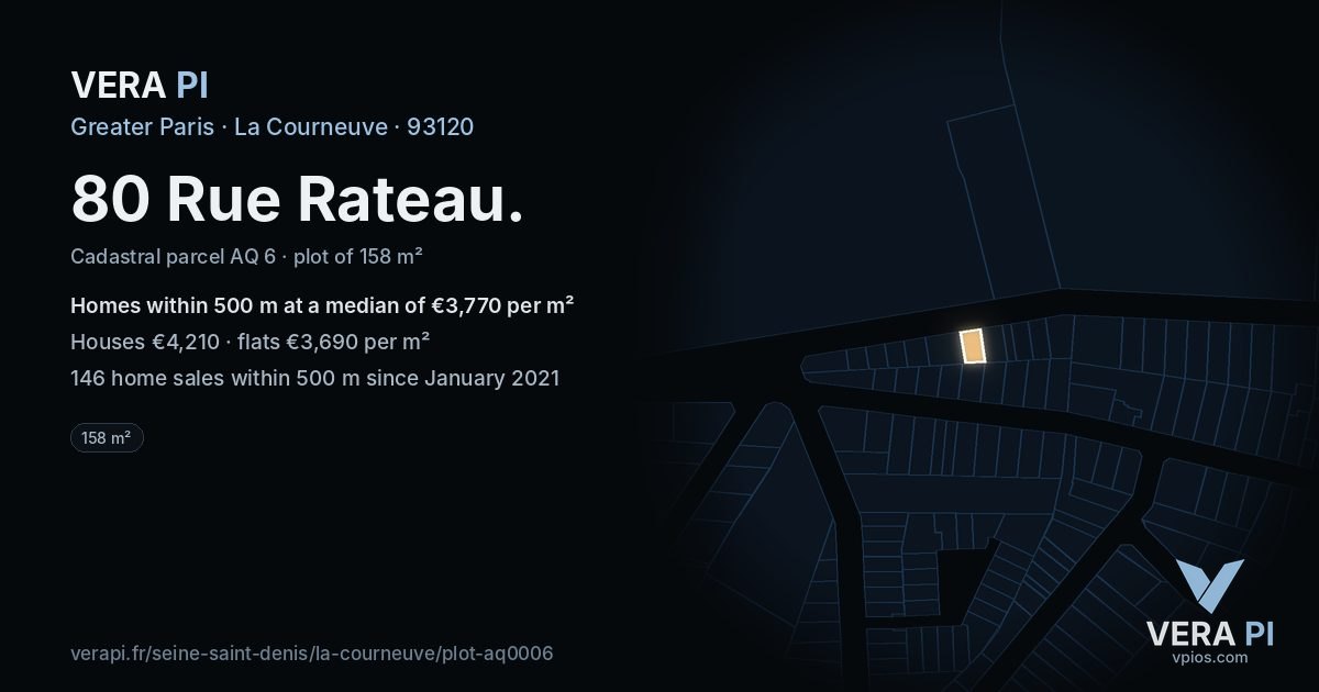 80 Rue Rateau, La Courneuve at night – the plot lit, the parcels around coloured by the prices near them