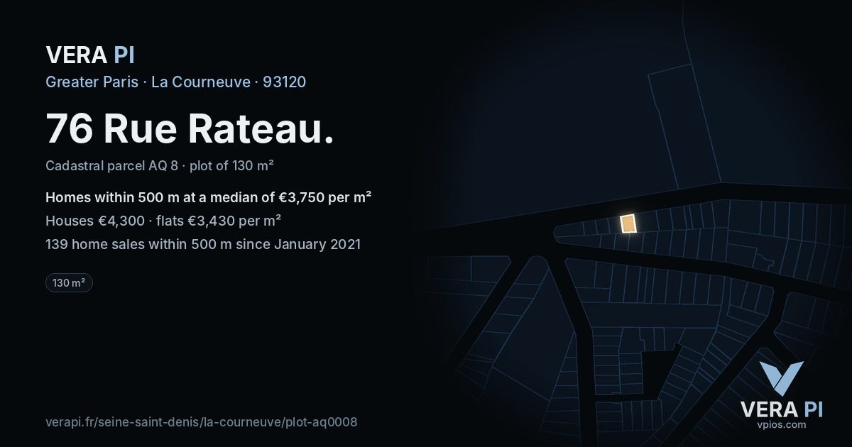 76 Rue Rateau, La Courneuve at night – the plot lit, the parcels around coloured by the prices near them
