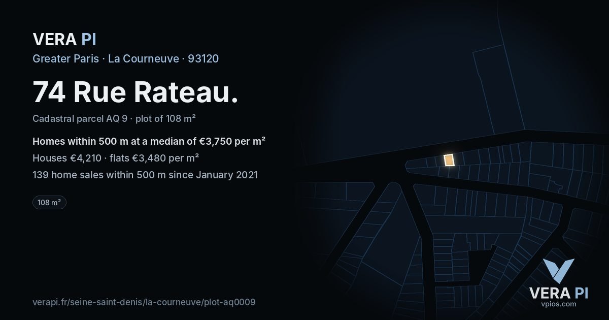 74 Rue Rateau, La Courneuve at night – the plot lit, the parcels around coloured by the prices near them