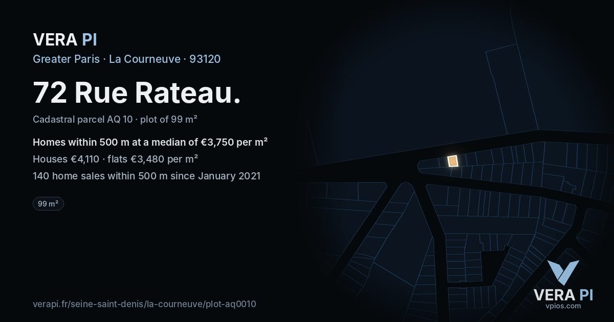 72 Rue Rateau, La Courneuve at night – the plot lit, the parcels around coloured by the prices near them