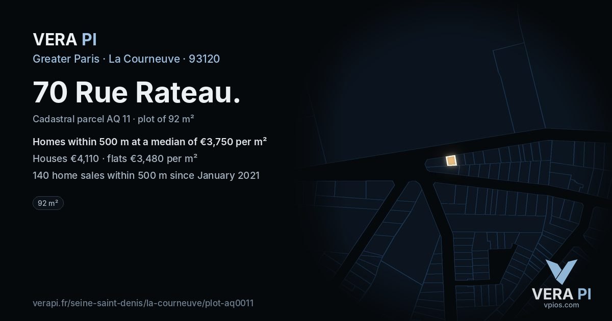 70 Rue Rateau, La Courneuve at night – the plot lit, the parcels around coloured by the prices near them