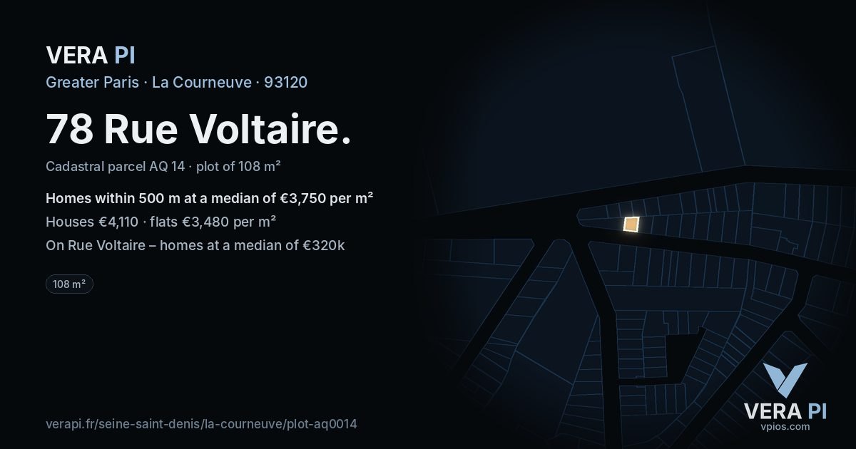 78 Rue Voltaire, La Courneuve at night – the plot lit, the parcels around coloured by the prices near them