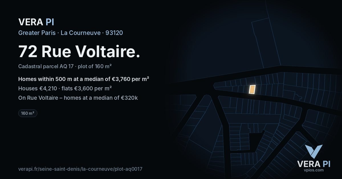 72 Rue Voltaire, La Courneuve at night – the plot lit, the parcels around coloured by the prices near them