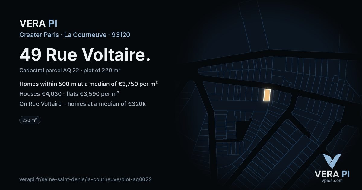 49 Rue Voltaire, La Courneuve at night – the plot lit, the parcels around coloured by the prices near them
