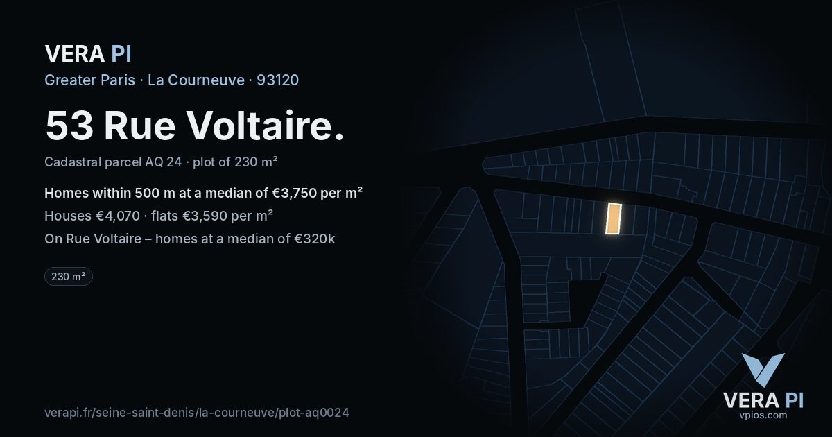 53 Rue Voltaire, La Courneuve at night – the plot lit, the parcels around coloured by the prices near them