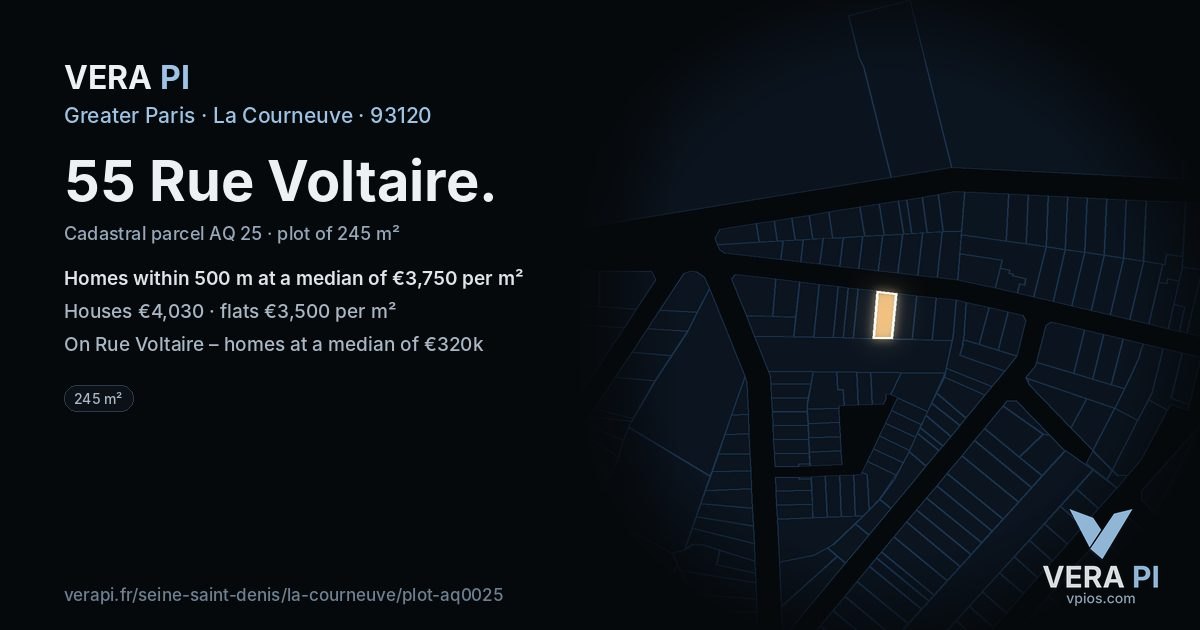55 Rue Voltaire, La Courneuve at night – the plot lit, the parcels around coloured by the prices near them